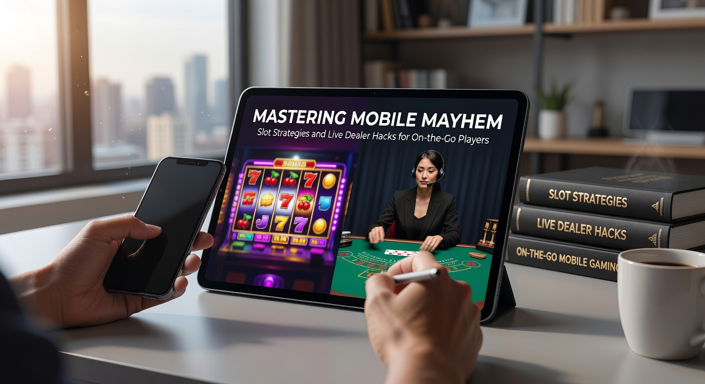 Smartphone mit laufendem Slot-Spiel und Live-Dealer-Tisch im Hintergrund, symbolisiert mobiles Casino-Gaming unterwegs